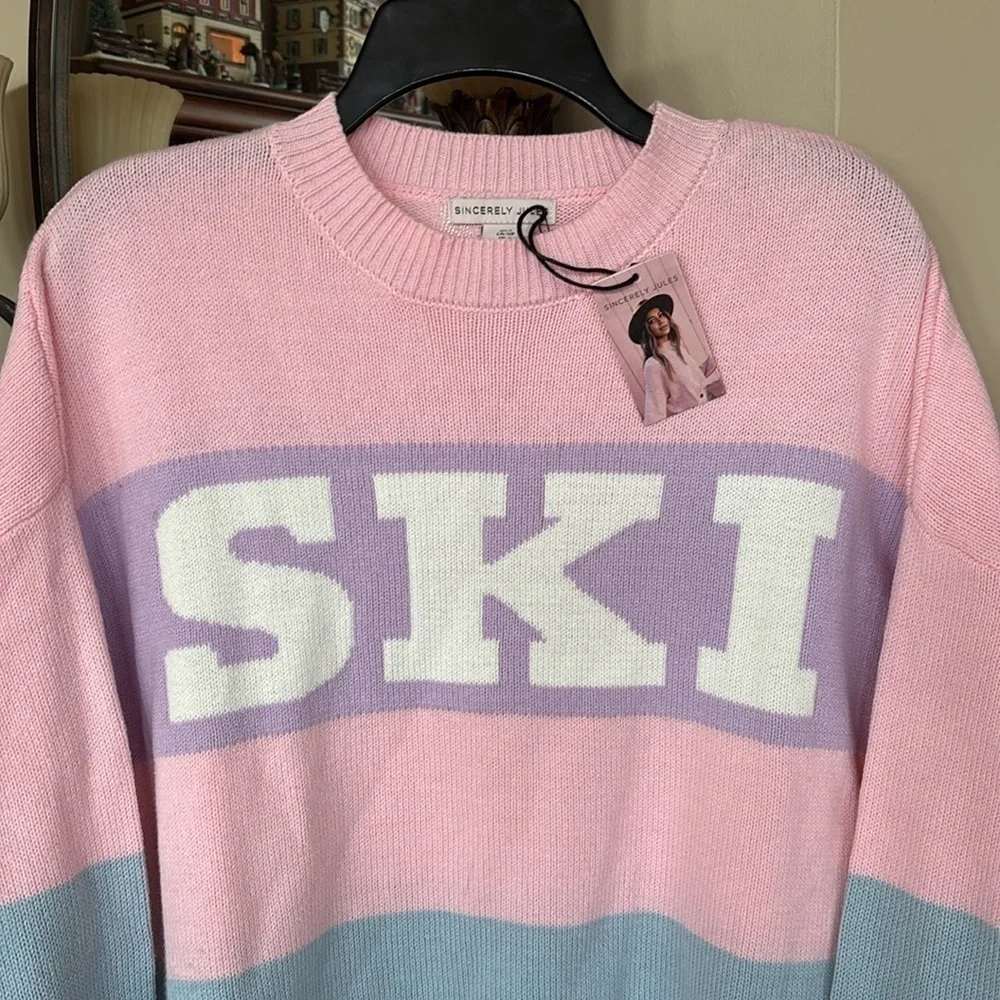 NWT Sincerely Jules Knit Pink Pastel Ski Sweater Crew Neck Oversized Stripes